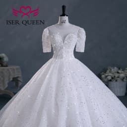 Customized hollow Back Sequin Tulle Luxury Wedding Dresses 2026 Chapel Train Short Sleeves Ivory Champagne Bride Dress WX0293