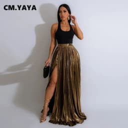 CM.YAYA Women Fashion 2024 Spring High Side Split Big Swing Pleated Floor Length Skirt High Waist Street Party Long Maxi Skirts