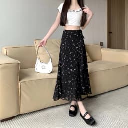 High Waist A-Line Floral Print Chiffon Halter Neck Dress Women's Summer New Style Belted Wrap Skirt Casual Polyester Fiber