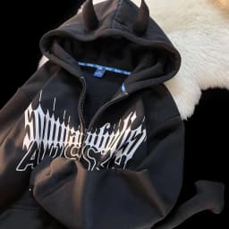 Y2K Kawaii Devil Horn Tail Hip Hop Badge Print Hoodies Cardigan Couples Street Loose Casual Zip Up Sweatshirt Harajuku Clothes