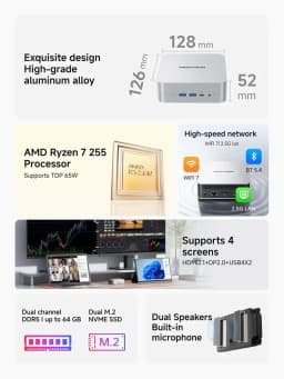 MINISFORUM AI X1 Mini PC R7 255 / Al 9 HX 370/470 Dual Channel DDR5 5600MHz WiFi7 BT5.4 Oculink Dual USB4 Computer Dual Speakers