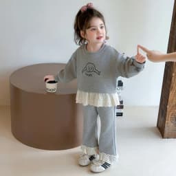 Spring and Autumn Korean Version Plain Girls' Clothing Lace Splicing Children's Set Long Sleeve Cartoon Printed Top + Pants