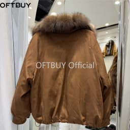 OFTBUY Real Suede Jacket Winter Warm Button Thick Padded Fashion Loose Outerwear Women Luxury Fox Fur Collar Duck Down Parka