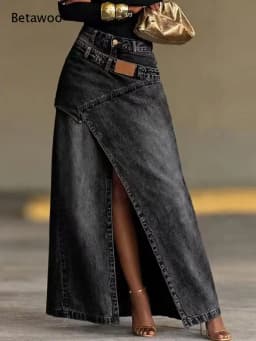 Ladies Vintage Washed Denim Long Skirt Irregular Overlap Design High Split Maxi Skirt High Waist Fashion Casual