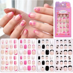 24Pcs Pink Flower Heart Kids False Nails Glossy Nude Short Oval Children's Press on Nails Sweet Girl Acrylic Fake Nail Patches#_