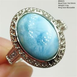 Natural Blue Larimar Adjustable Ring 925 Sterling Silver Larimar Gemstone Women Men Water Pattern AAAAA