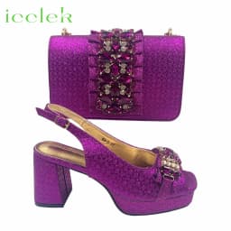 2026 Elegant Women's Peep Toe Heels and Matching Fuchsia Color Diamond Pumps Set Stylish Italian Shoes and Bags for Parties