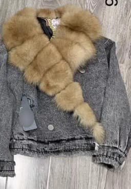 Denim Coat with Real Large Fox Fur Collar for Women, Furry Jacket, Fluffy Suit, Luxurious Brown and Yellow Coat, Winter Fashion