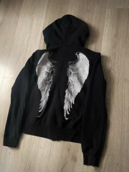 Mens Black Wing Pattern Zip Up Hoodie Street Style Trendy Young Stylish Casual Urban Hip Hop Cool Hooded Sweatshirt for Men