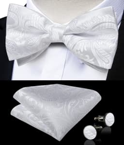 Luxury White Men's Suspenders Adjustable 6 Clips Braces DiBanGu Leather Metal Pre-Tied Bow Tie Brooch Pocket Square Set