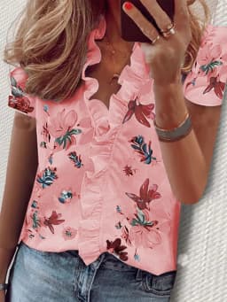 Casual Short Sleeve V Neck Ruffles Blouses Elegant Office Lady Shirts Summer Vintage Harajuku Loose Tops Female Boho Tunic