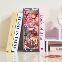 DIY Book Nook Wooden Miniature Model Kits Spring Cherry Blossom Bookend 3D Puzzle Bookshelf for Friends Birthday Gifts
