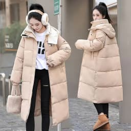Long Hooded Puffer Coat Women Contrast Collar Warm Quilted Parka Zip‑Up Loose Windproof Winter Outerwear Ladies Padded Jacket