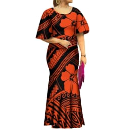 2022 Fall New Style Samoan Puletasi Batwing Sleeve Polynesian Tribal Mermaid Maxi Skirt Dress Women Pacific Island Art Ptaha