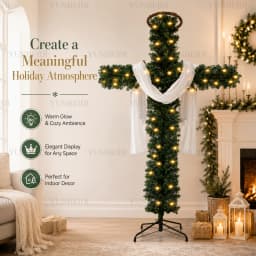 150/180cm Cross Shaped Christmas Tree Pre Lit Warm LED Lights Artificial PVC Xmas Tree Religious Holiday Home Outdoor Decoration