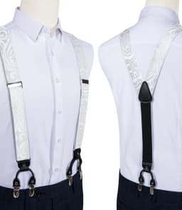 Luxury White Men's Suspenders Adjustable 6 Clips Braces DiBanGu Leather Metal Pre-Tied Bow Tie Brooch Pocket Square Set