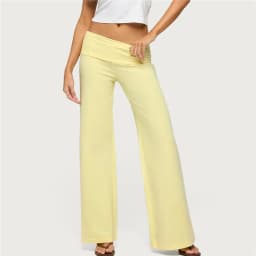 Coquette Solid Color Fold Over Waist Flare Pants Women Low Rise Stretchy Bootcut Long Trousers Casual Minimal Lounge Pants