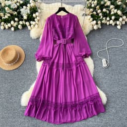 French Vintage O Neck Hollow Out Lace Patchwork Long Lantern Sleeves Korean Fashion Dresses Women's Autumn Waist Sweet Clothing