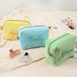 Personalized Striped Makeup Bag Custom Name Embroidery Cosmetic Pouch Travel Toiletry Organizer Gift for Women Girls Bridesmaid