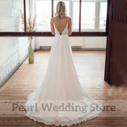 Romantic Boho Lace Chiffon Wedding Dress Classic Spaghetti Straps Sleeveless A-Line V-Neck Open Back Bride Seaside Marriage Gown