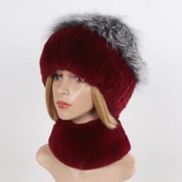 Women's Winter Warm Genuine Fur Hat Scarf Set Real Rex Rabbit Fur Cap with Silver Fox Scarves 2-Piece Natural Fashion Accessory