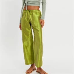 Women Shiny Satin Drawstring Waist Cargo Pants Loose Straight Leg Multi Pockets Solid Casual Ankle Length Streetwear Trousers