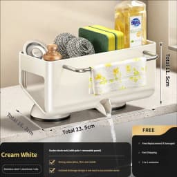 No Drill Suction Cup Kitchen Sink Caddy with Towel Bar Kitchen Sink Sponge Holder Dishcloth Drying Rack Sink Drain Basket