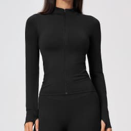 Women's Seamless Long Sleeve Yoga Top Ribbed High Neck Full Zip Slim Fit Sports Jacket Thumb Hole Workout Gym Running Activewear