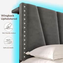 Queen Bed Frame with LED Lights & USB, Noise-Free, Grey | Adjustable Velvet Headboard,Under-Bed Storage,Heavy Duty, Customized