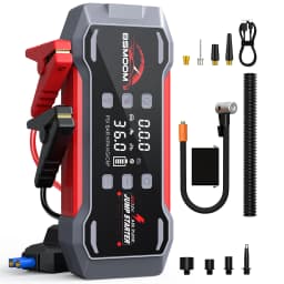 6-in-1 8000A Portable Emergency Jump Starter Features a 150PSI Air Compressor, a Barbecue Blower, and Can Also Charge Mobile Phones and Tablets.