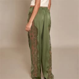 hirigin Women's Satin Wide Leg Trousers Lace Patchwork High Waisted Drawstring Lounge Pants Elegant Loose Fit Bottoms