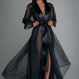 Organza See Through Long Sleeve Lace Up Robe Maxi Dress Summer Lapel Collar Fashion Bridal Robes Women's Gown Solid Party Dress