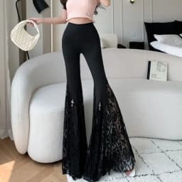 Y2K Gothic Black Lace Mesh Flared Pants Sexy Harajuku Aesthetic See Through Long Trousers Vintage Women Summer Pants Streetwear