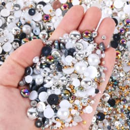 1100Pcs Flat Back Pearls And Rhinestones, 30g Mixed Size 3mm-10mm Ab Color Resin Rhinestones Semi-Circular Pearl