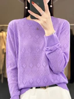 New Women Wool Blend Sweater Spring O-neck Geometric Hollow Pullover Fashion Soft Sweater Loose Casual Knit Base Tops