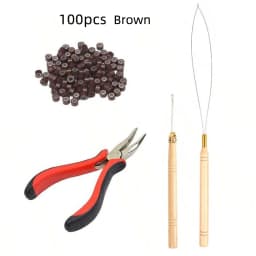 Hair Tinsel Beads Kit with Plier Hook Needle Tool 100 Silicone Micro Beads Loop Needle Threader Pulling Hook Bead Device