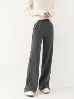 Women Wool Wide Leg Pants Threaded Elastic Waist Cashmere Trousers Autumn Winter 100% Merino Wool Knitted Soft Slit Design Pants