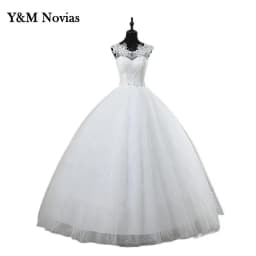 Y&m Novias Customized White O Neck Simple Wedding Dresses Pluse Size Vestido De Noiva Lace Embroidery Ball Gown Robe Mariage