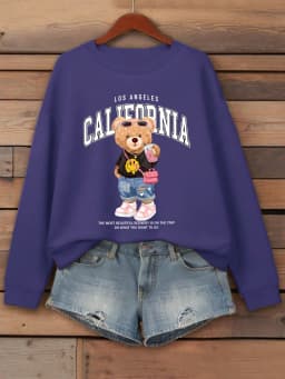 Little Bear Drinking Milk Tea Printed Women Pullover O-Neck Loose Streetwear Casual Autumn Clothes Fleece All-Match Sweatshirt