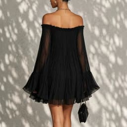 Vintage Solid Off Shoulder Mini Dress Pleated Sheer Flared Long Sleeve Ruffle Trim Loose Flowy Dress Summer Travel Party Dresses