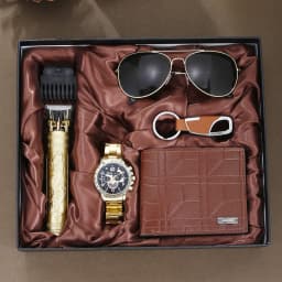 2026 New 5pcs Watch Set for Men in Gift Box Belt Wallet Hair Trimmer Keychain Sunglasses Men’s Watch Gift Box Set Gifts for Him