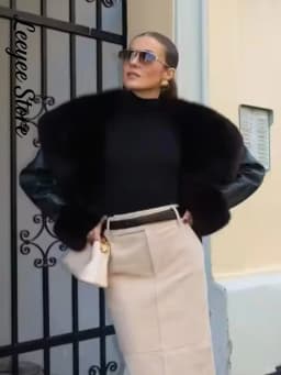 Black Fur Collar Leather Jacket Women Chic Solid Full Sleeves Waist Cinching V-neck Short Coat 2026 Lady High Street Outerwear