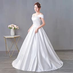 It's Yiiya Wedding Dresses White Satin Simple Off the Shoulder Pleat Lace up Princess Floor-length Plus size Ball Gowns XN057