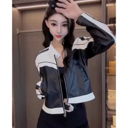 Spring Autumn New Contrast Lines Stitching Pu Leather Coat Women Loose Joker Stand Collar Explosions Short Leather Jacket