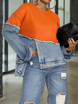 Mock Two-Piece Denim Insert Sweatshirt Raw-Edge Crewneck Long Sleeve Top Retro Fusion Pullover Women Chic Spring Fall Streetwear
