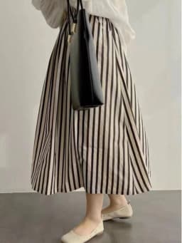 Retro Chic Solid Color Striped Skirt for Women in Summer, High Waisted and Slimming A-line Mid Length Umbrella Skirt
