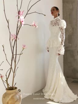 Dianruo Modest High Neck Wedding Dress Long Puff Sleeves Mermaid Vestido Novia Civil Appliques Vintage Robe De Mariée Customized