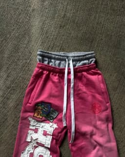 Pink Double Layer Sweatpants Y2K Mens Womens Gothic Hip Hop Letter Patch Retro Baggy Pants Casual Elastic Waist Jogging Pants