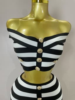 Sexy Off Shoulder Striped Button Two Piece Mini Bandage Set 2025 Women Celebrity Designer Evening Party Luxury Birthday Outfit