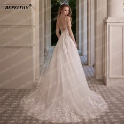 BEPEITHY Customized Sexy Backless A Line Wedding Dresses Sleeveless Women V Neck Glitter Boho Court Train Lace Bride Bridal Gown